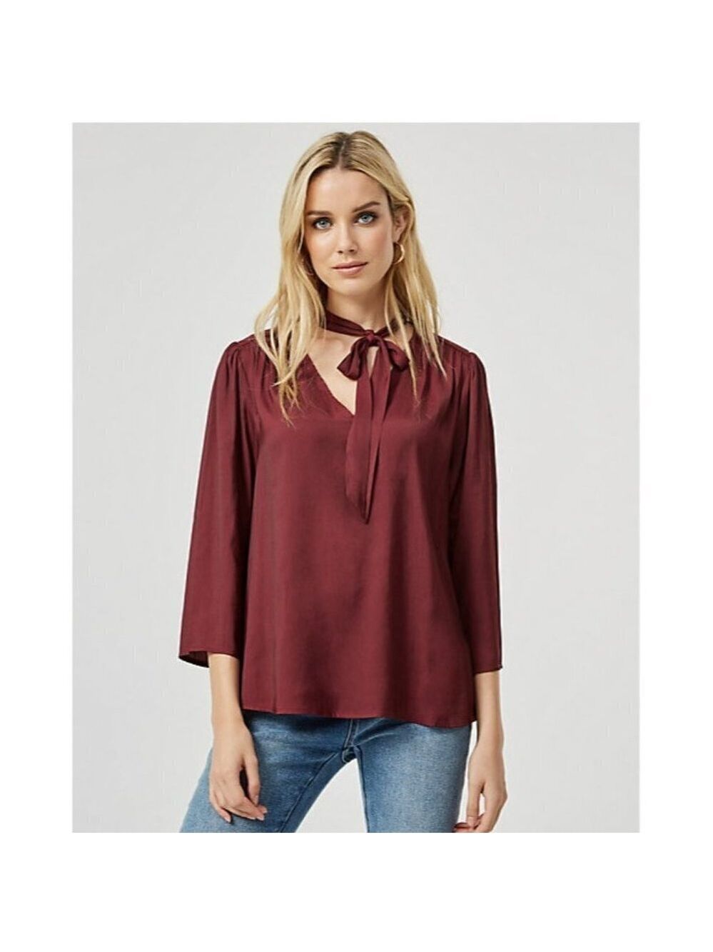 Women Le Chateau Silky Crêpe de Chine Tie-Neck Blouse Size XXL Color Mer…